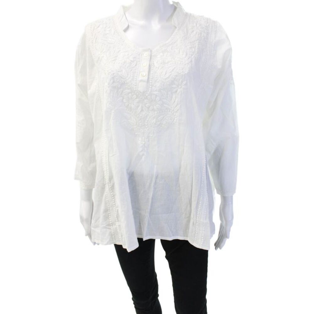 Sevya Women White Cotton Floral Bohemian Tunic 3/4 Sleeve Button Size L